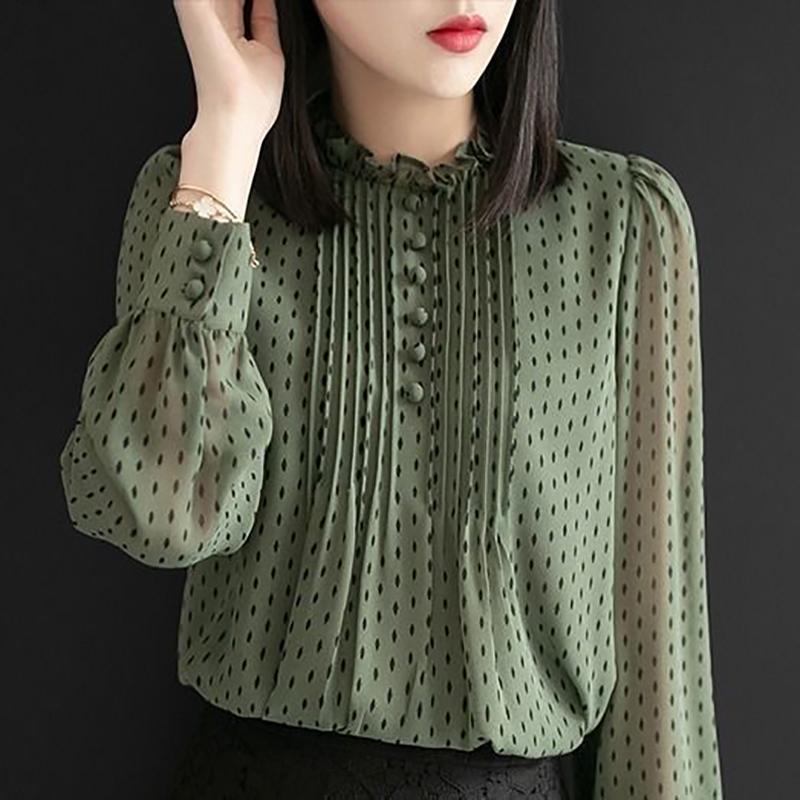 Spring Autumn Women's Chiffon Blouses Shirts Lady Casual Long Sleeve O-Neck Polka Dot Printed Chiffon Blusas Tops