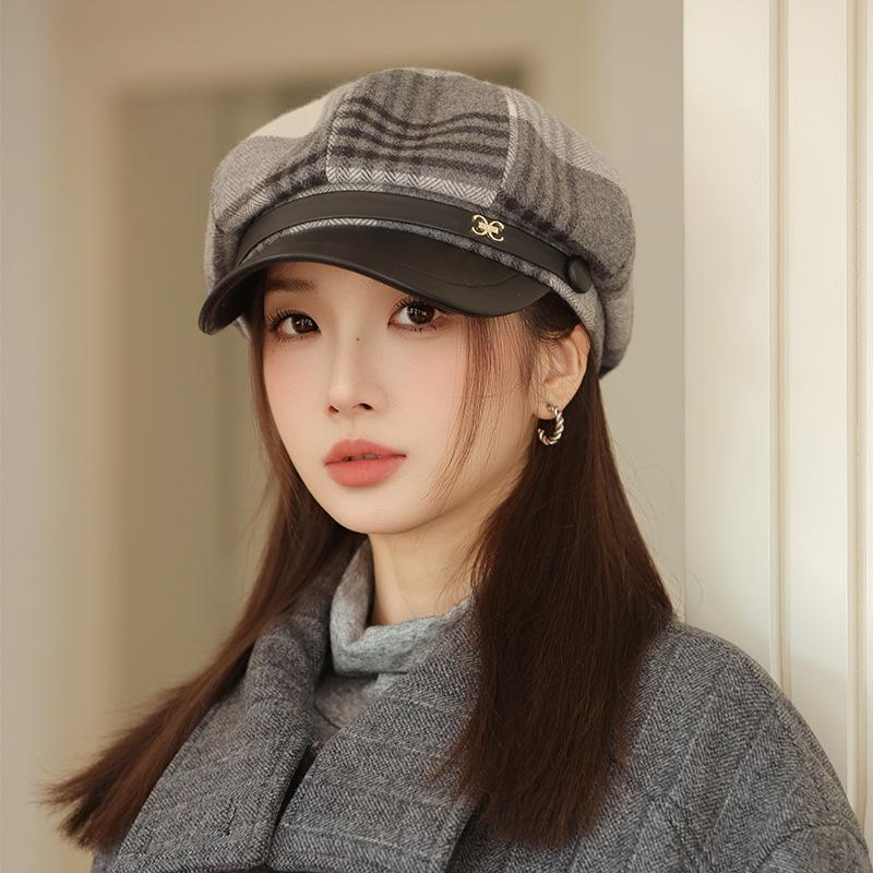 New Plaid Duck Tongue Octagonal Hat Female Beret Autumn and Winter Newsboy Painter Hat