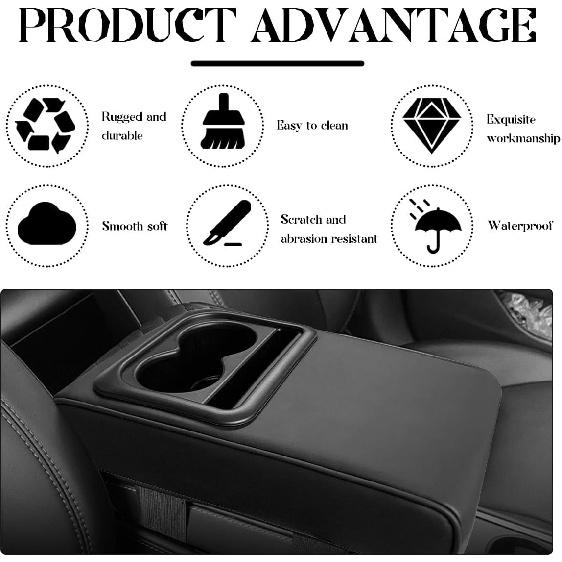 Car Center Console Armrest Pillow, 14"×8.3" Leather Memory Foam Armrest Cushion with Cup Holder & Phone Holder, Waterproof Middle Console Cover Box