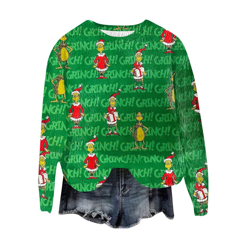 Women's Fashion Round Neck Pullover Top Long Sleeve Tee Christmas Printed Sweatshirt