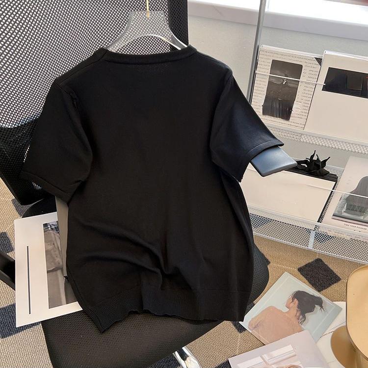 Short Sleeve Knitted T-shirts Women Summer Pullover Top Loose Chic Butterfly Nail Bead Fashion Casual Soft Women's Clothing