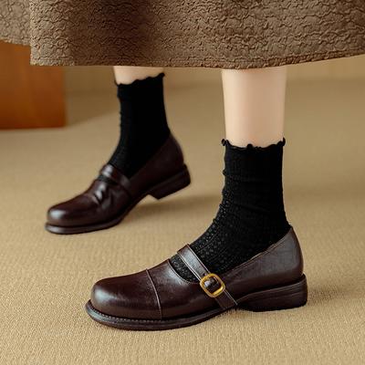 Мода НОВЫЕ Весенне-Осенние Женские Туфли с Круглым Носком и Массивным Каблуком, Обувь из Спилка для Женщин, Лаконичные Неглубокие Туфли с Ремешком на Пряжке, Девичьи Туфли