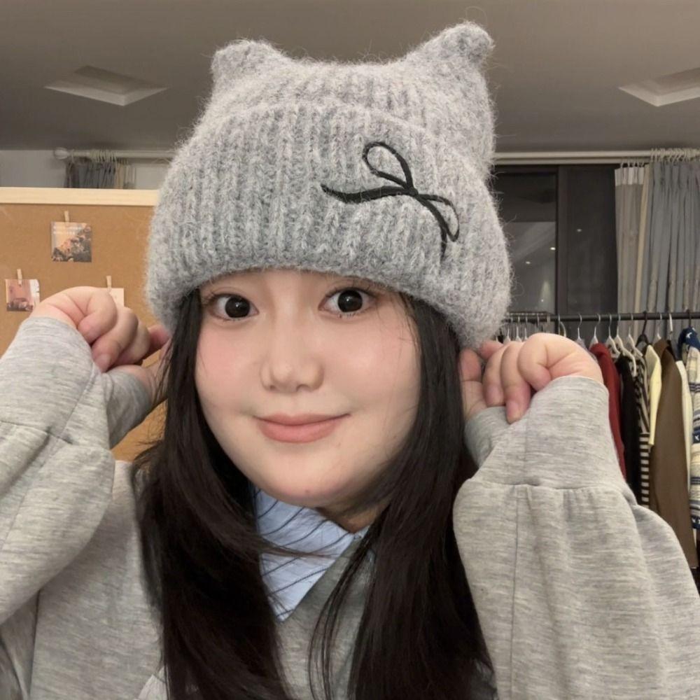 Thickened Cat Ear Beanie Windproof Knitted Skullies Soft Knitted Woolen Hat Ladies