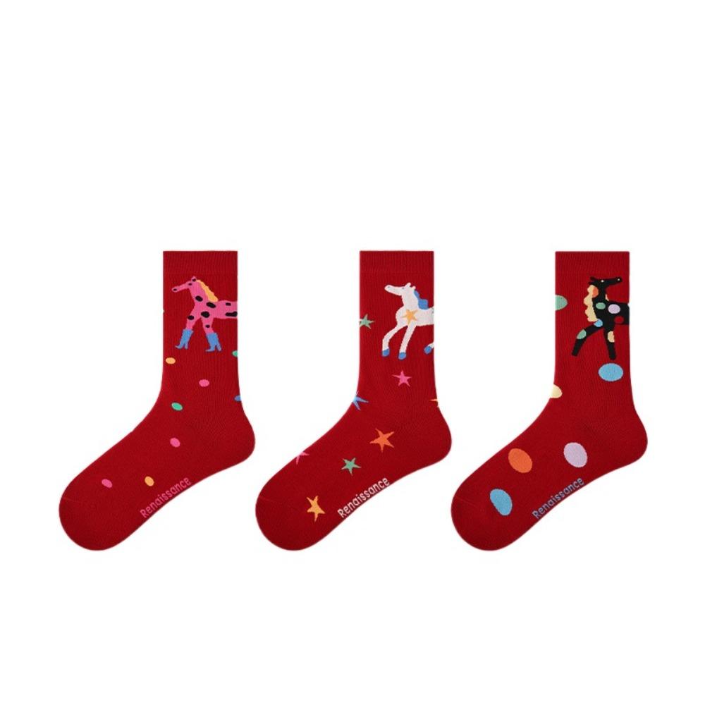3Pairs Cartoon New Year Tube Socks Mid Calf Zodiac Year Socks Funny Red Cotton Socks Gift