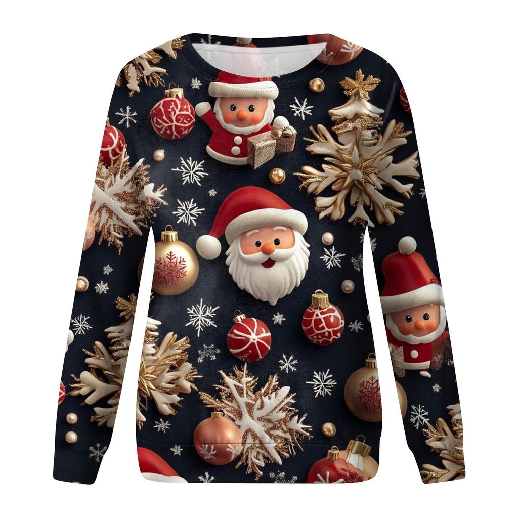 Женская повседневная мода с рождественским принтом, длинный рукав, круглый вырез, пуловер, топ, блузка, свитшот