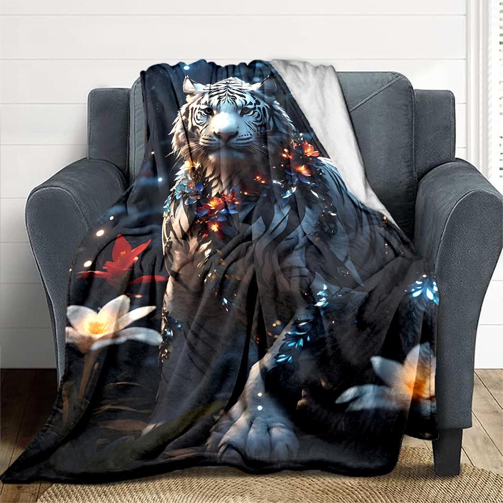 1pc White Tiger Print Blanket Lightweight Flannel Blanket Throw Blanket For Sofa, Bed, Travel, Camping, Livingroom, Couch, Chair, And Bed yy2509026222