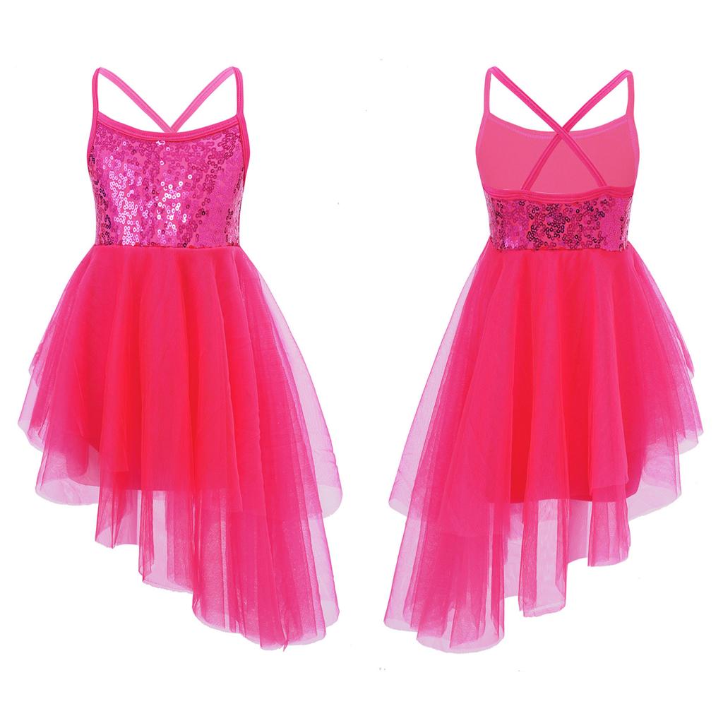Kids Girls Sleeveless Sequins Tulle Ballet Dance Gymnastics Leotard Dress Lyrical Dance Wear