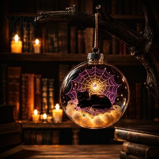 Festive Hanging Decoration Halloween Clear Ball Decoration, Glowing Sphere Ornament with Skeleton, Pendants Pumpkin, Spider Web, Black Cat Decor,
