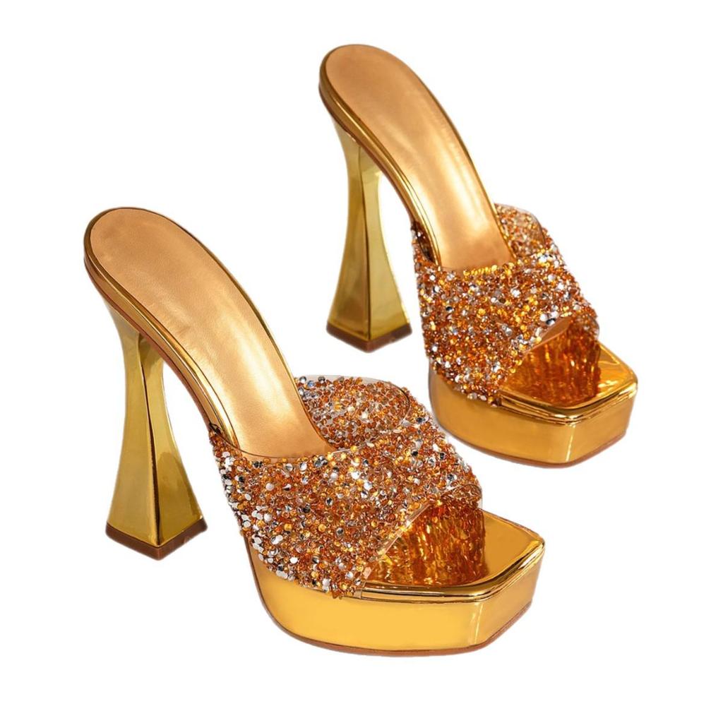 Золотые/Шампанские босоножки на платформе с rhinestone, женские летние шлепанцы с квадратным носком на массивном каблуке с одной лямкой