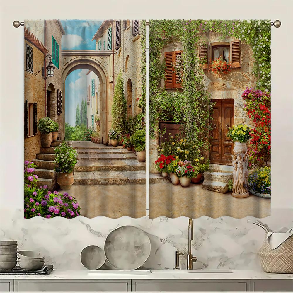 2PC Home Nostalgic Architecture Curtains With Landscape Background And Pole Pocket Curtains, Kitchen, Coffee Shop, Living Room,