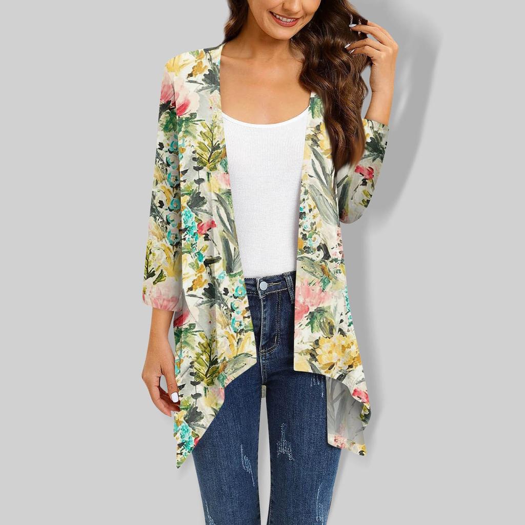 Женский кардиган неправильной формы с принтом, рукавами три четверти и карманной курткой