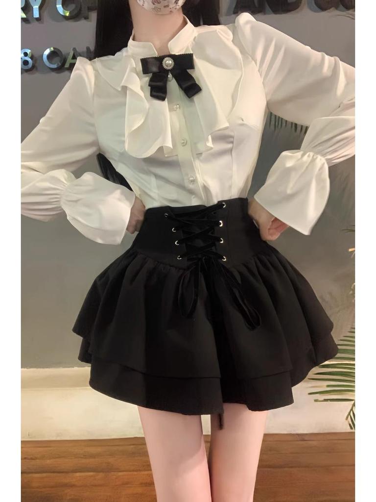 High-Waisted Retro Black Balloon Skirt with Double-Layer Elegant Shirt