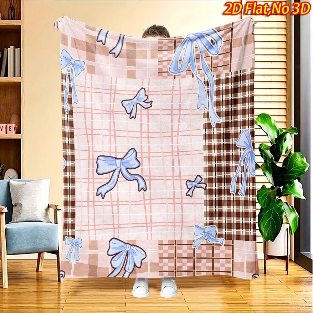 1pc 2D Flat Printing Spring And Summer New Arrival Pink Brown Plaid Bow Theme Digital Print Blanket, All-Season Use, Casual Throw, 100% Polyester Fibe