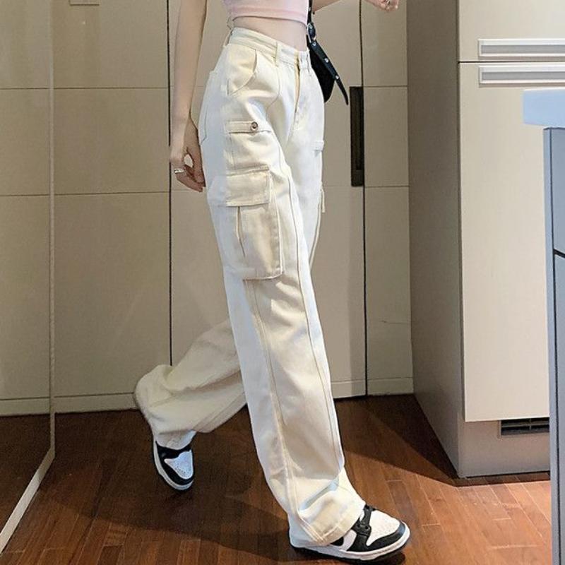 Прямые джинсы-карго женские осенние повседневные винтажные джинсовые брюки с высокой талией корейский дизайн мешковатые брюки широкие брюки Y2k стиль