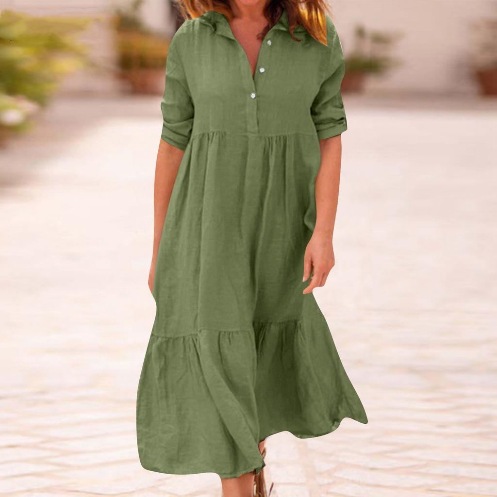 Женская мода в стиле ретро, ​​однотонная хлопковая и льняная длинная классическая рубашка с воротником и пуговицами, повседневная юбка