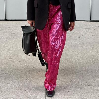 Женские повседневные брюки с эластичной талией и средней посадкой, прямые, широкие, длинные брюки с блестящими пайетками, брюки в пригородном стиле