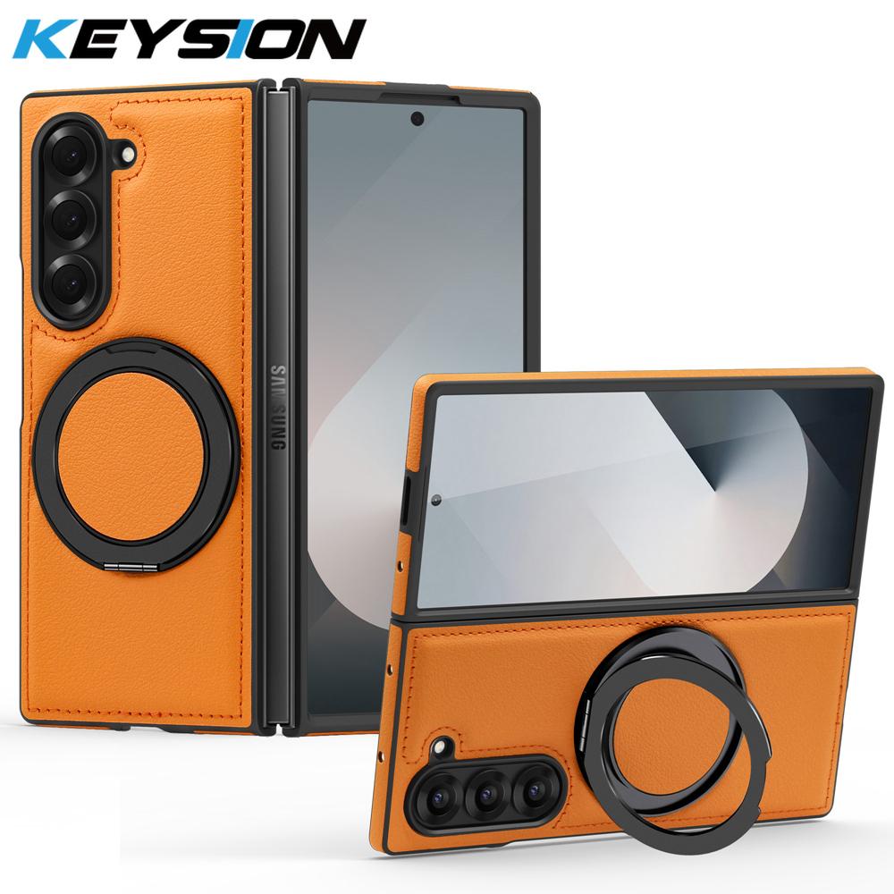 KEYSION Чехол из искусственной кожи MagSafe для Samsung Z Fold 6 5 4 3 5G с вращающимся на 360° магнитным кольцом-подставкой и функцией беспроводной зарядки