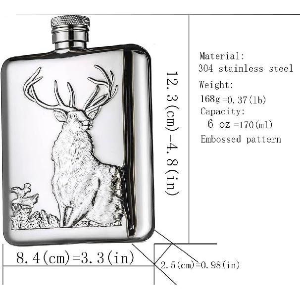 Походное снаряжение из нержавеющей стали, плоская фляга, портативная фляга для спиртного, фляги для спиртного для мужчин, фляга для виски (Шаблон оленя) (6 унций) Отправить 1*