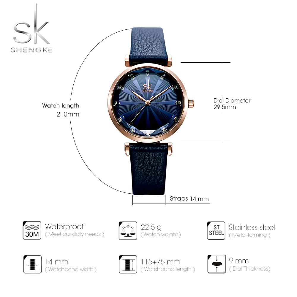 SHENGKE Синие удобные часы с кожаным ремешком для женщин, качественные кварцевые часы Montre Femme с креативным циферблатом, наручные часы Relogio Feminino
