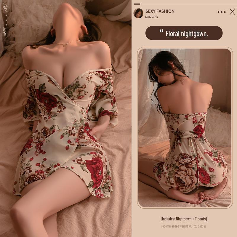 Manyan Sexy Lingerie: Deep V Silky Kimono & See-Through Floral Nightdress Set