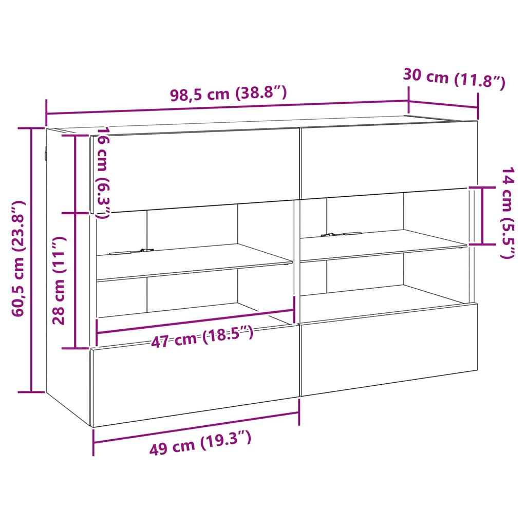 Wall Mounted TV Cabinet with LED Lighting Black Oak Effect 98.5 x 30 x 60.5 cm