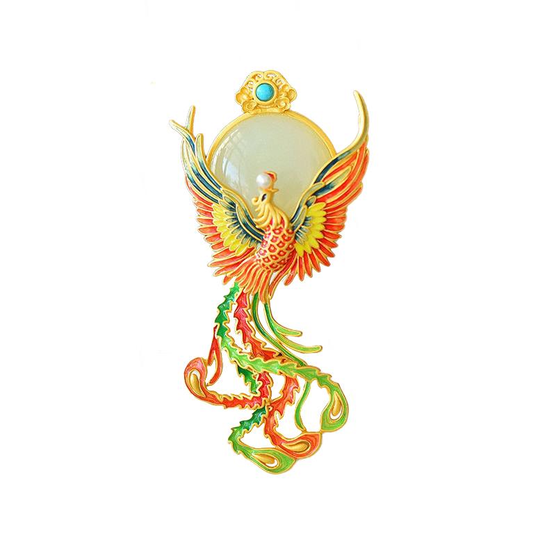 Colorful Enamel Phoenix Brooches for Women Natural Hotan Jade Broche Pendant Classical Court Style Luxury Brooch Jewelry