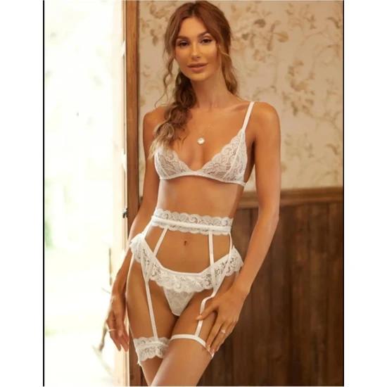 Женский белый костюм-тройка с подвязками, сексуальная нарядная одежда со рюшами