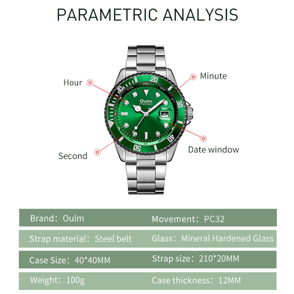 Oulm Часы мужские кварцевые Water Ghost Luminous Calendar Steel Band Watch Casual Sports Business Watch