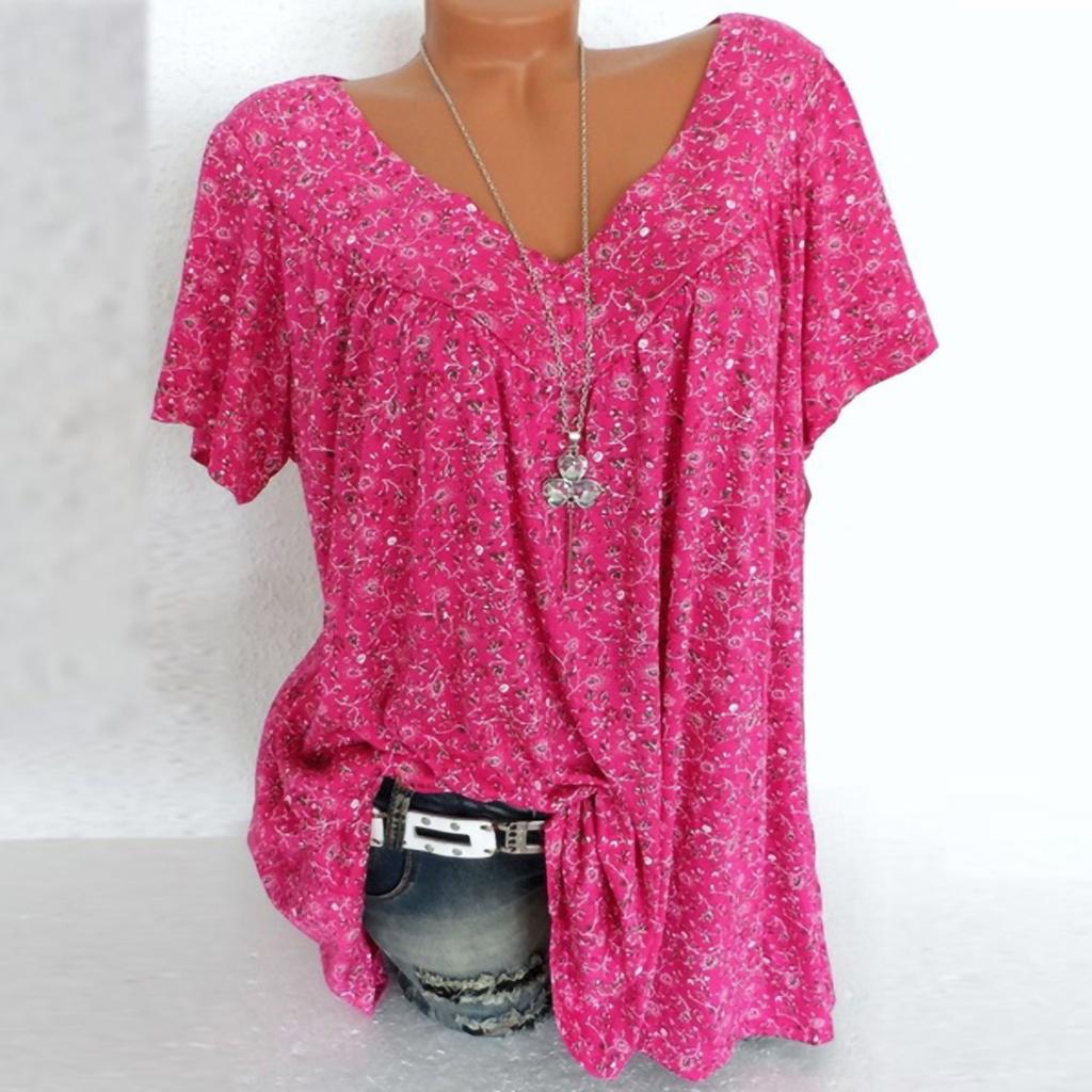 Women Plus Size Short Sleeves V-Neck Print Blouse Pullover Tops Shirt