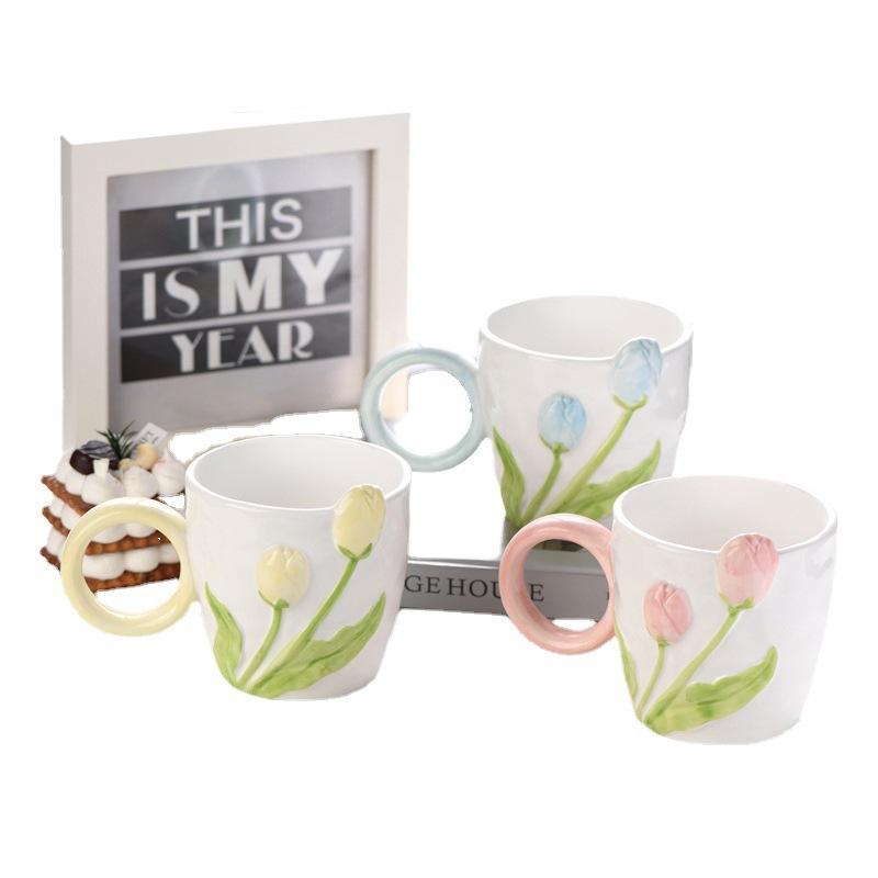 Подарочная коробка в виде чашки-тюльпана с креативным рельефным цветком, керамическая чашка, ценная офисная кружка для кофе и молока