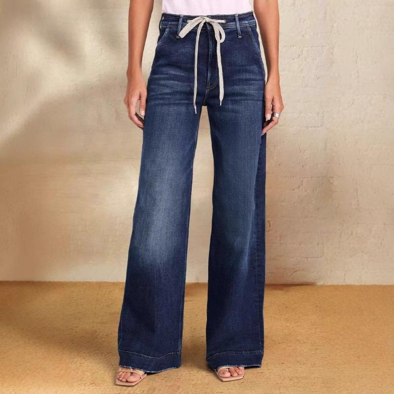 Women's New Spring Lace-up Stretch Jeans Straight Temperament Models Wide-leg Trousers