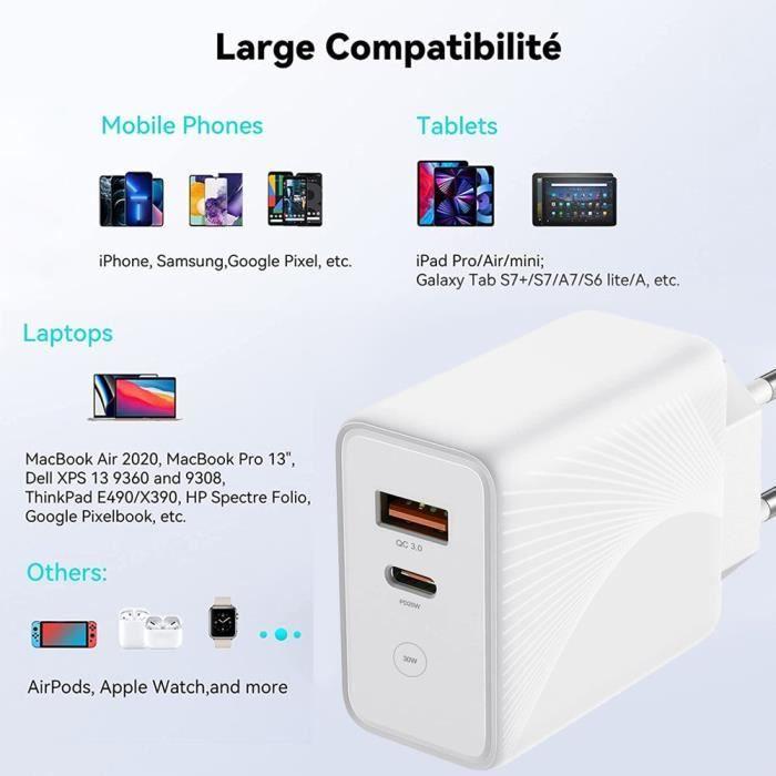 30W USB Charger - e.F.Connection - 2-in-1 - PD 20W - QC 3.0 - 1M USB-C Cable White
