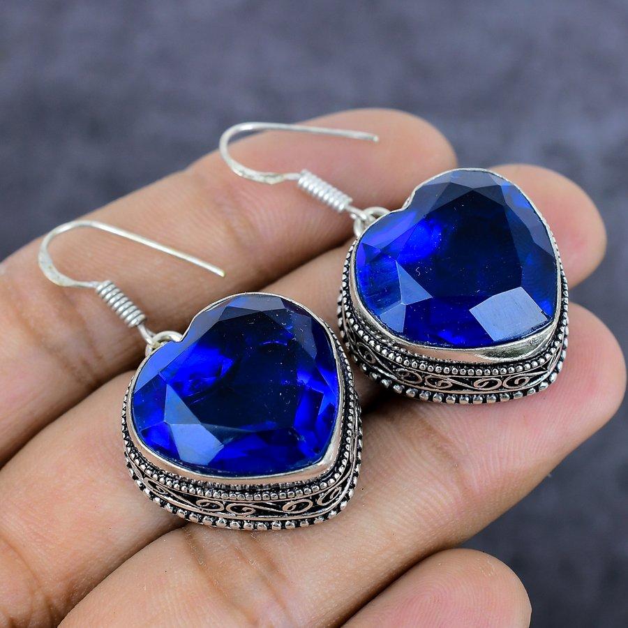 Драгоценный камень Голубой топаз Ручная работа Серебро 925 пробы Ювелирное изделие Серьга 1,69" k7c34