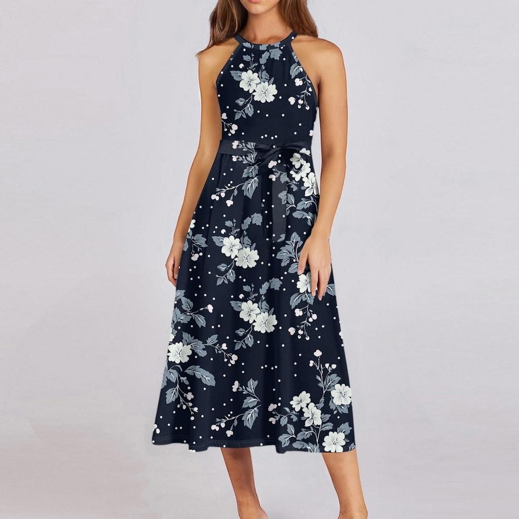 Женское повседневное платье миди с круглым вырезом, классическое, повседневное, без рукавов, свободное платье в стиле бохо с завязками, летний пляжный сарафан