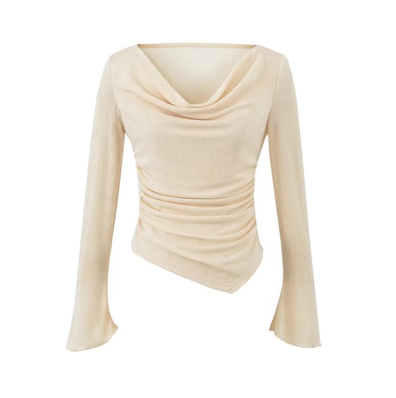 One-word shoulder swing collar long-sleeved T-shirt women's summer new American solid color Spice Girl irregular base outer top