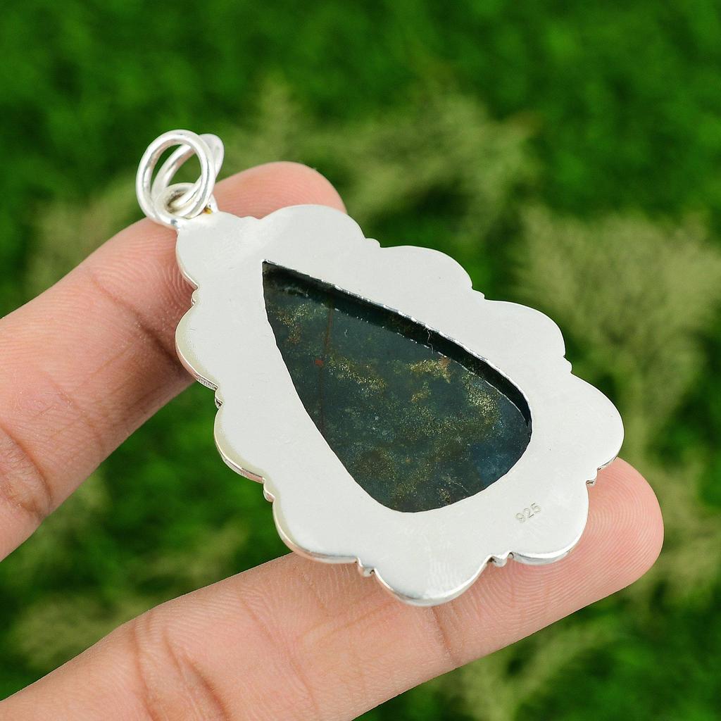 Sterling Silver Bloodstone Stone March Birth Daughter Engagement Bezel Pendant