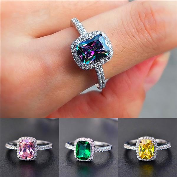 Fashion Mystic Rainbow Pink/Green Square Shaped Crystal Rings Silver Color Wedding Jewelry Female