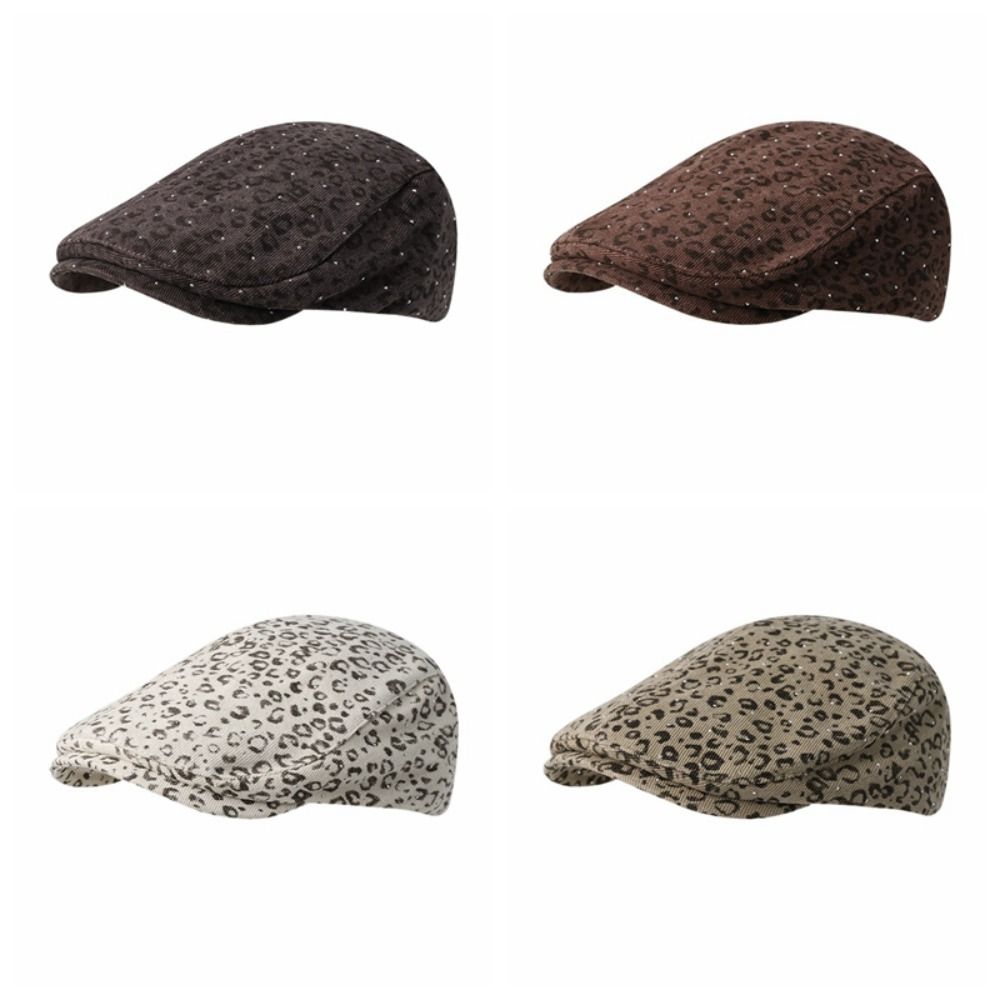 Rhinestone Leopard Print Beret Flat Painter Cap Fashion Leopard Newsboy Cap  Outdoor