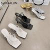 Fashion SUOJIALUN 2025 Summer Narrow Band Women Slipper Fashion Square Toe Slip On Sandal Shoes Thin High Heel Dress Sandal Shoes Slides