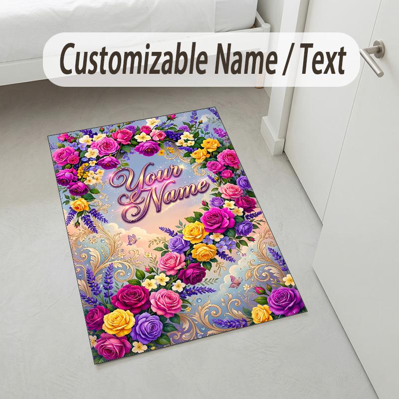 Floral Garden Theme Crystal Velvet Rug Personalized Custom Name Text Soft Floor Mat Home Decor