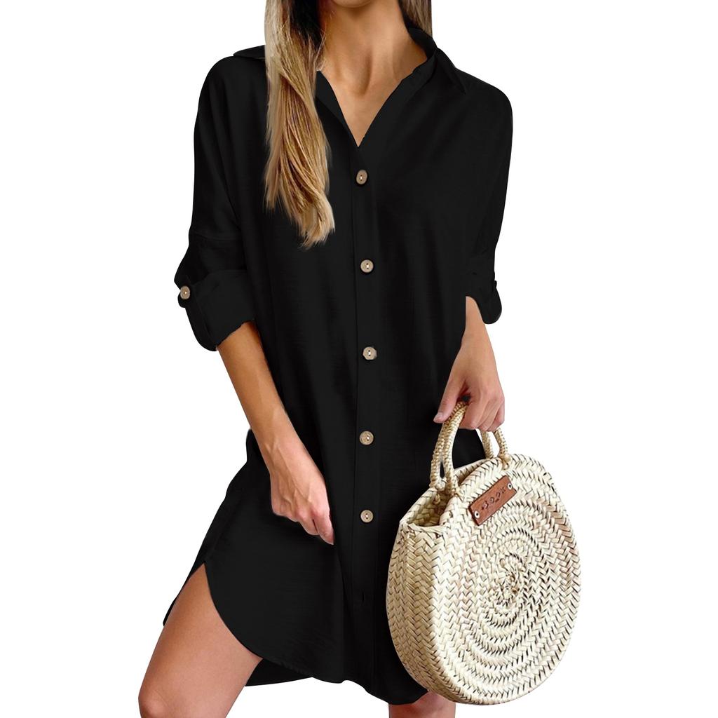 Women's Fashion Long Sleeve Lapel Button Down Shirt Dresses