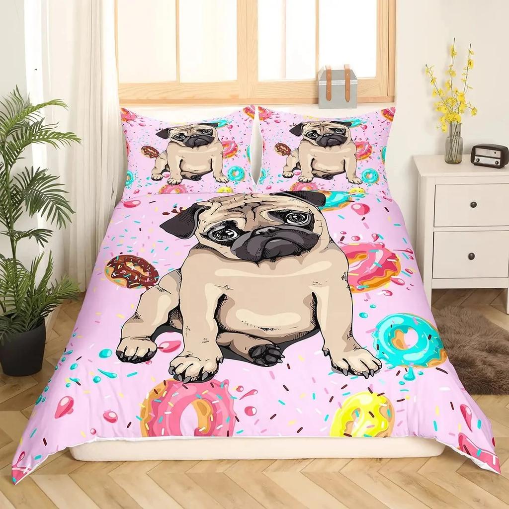 Cartoon Pug Dog Duvet Cover Set Comforter Cover Soft Bedding Set Full Size for Boys Girls Bedroom 2/3 Pieces with Pillow Shams