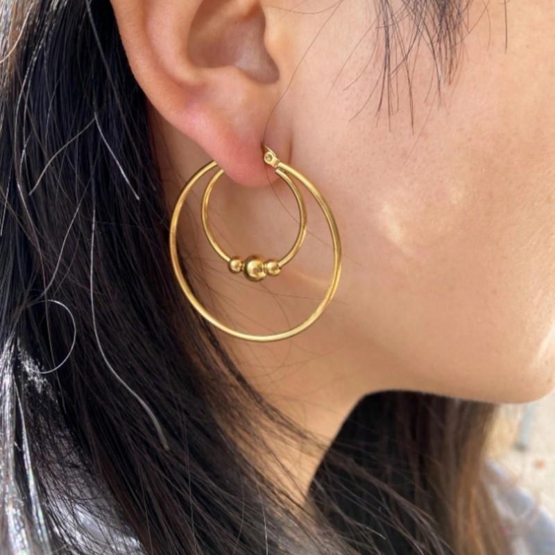 Stainless Steel Exaggerated Round Bead Hoop Earring for Women Men Smooth Design Vintage Double Rings Earring Personality Jewelry