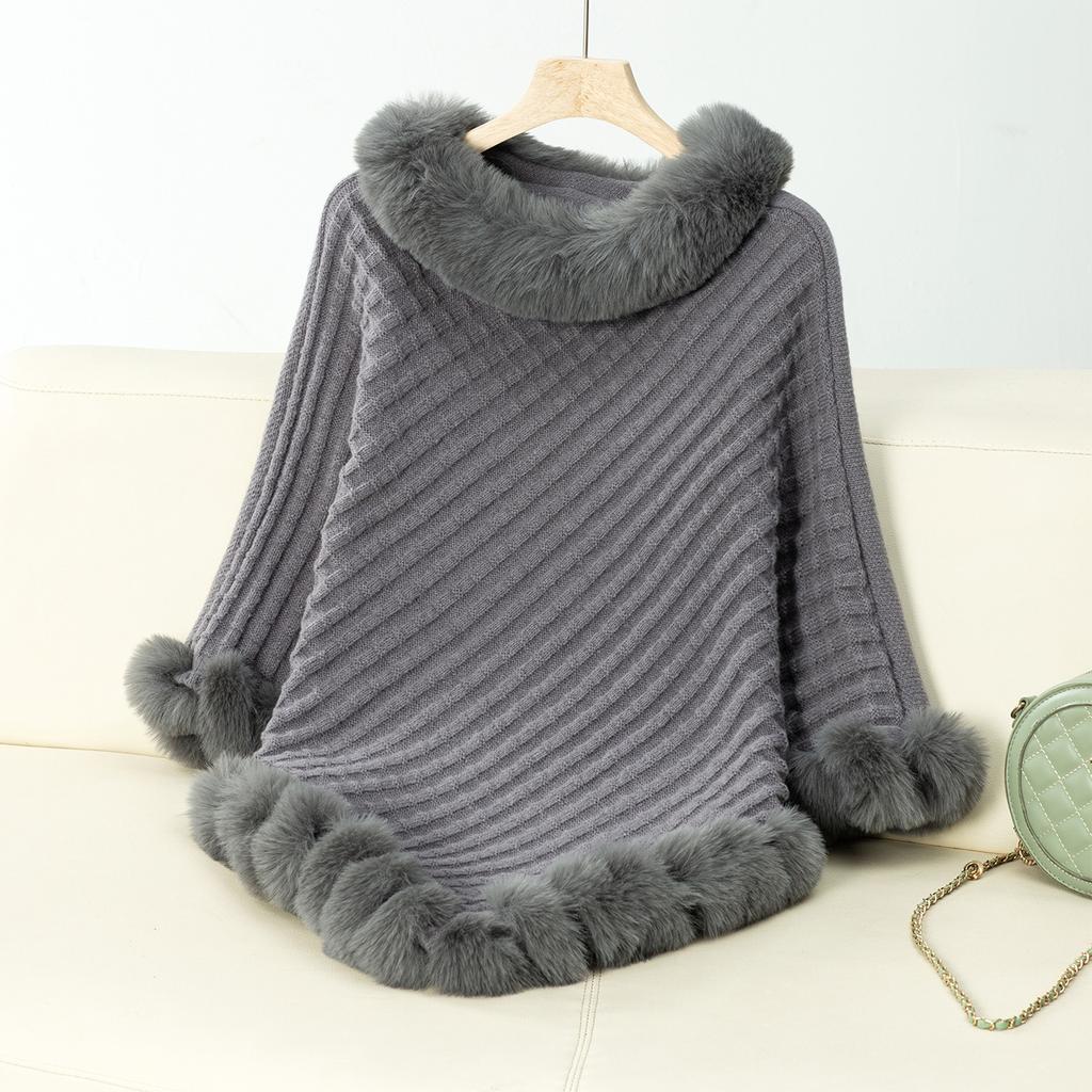 Casual Poncho for Women Solid Color Shawl Wrap Cape with Faux Fur Trim Winter Sleeveless Cloak Coat Womens Warm Pullover Luxury Knitted Sweater Poncho