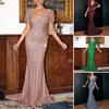 Women Evening Dress Shimmering Sequin Short Bubble Sleeves V Neck Slim Fit Floor Length Big Bow At Back Mid Waist Cocktail Party Banquet Maxi Dress