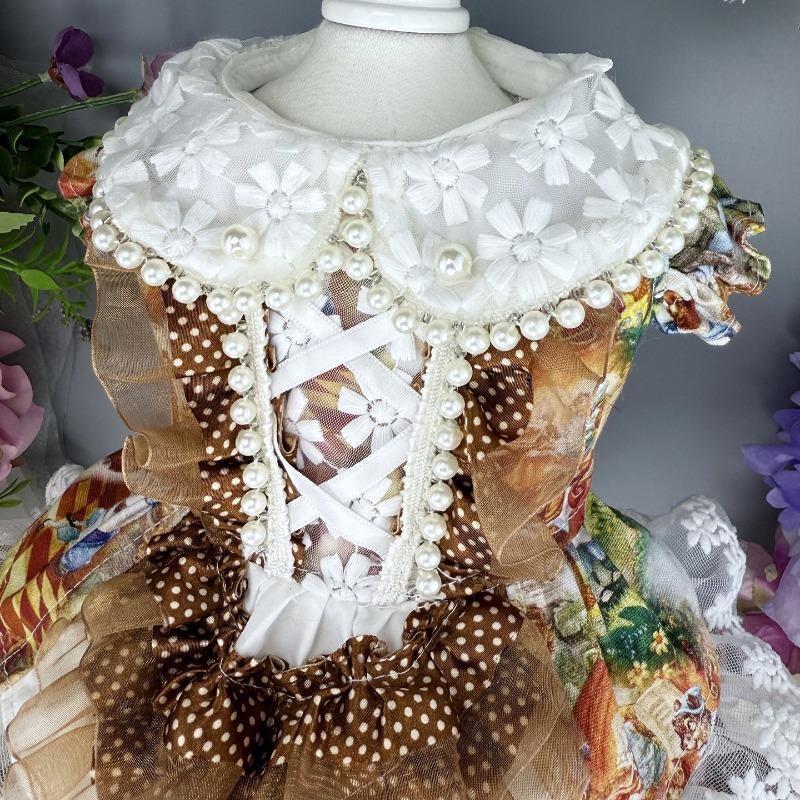 Original Handmade Autumn Winter Light Brown Strap Lace Decorative Lapel Retro Lolita Dress Suitable for Small Pets Dog Clothes