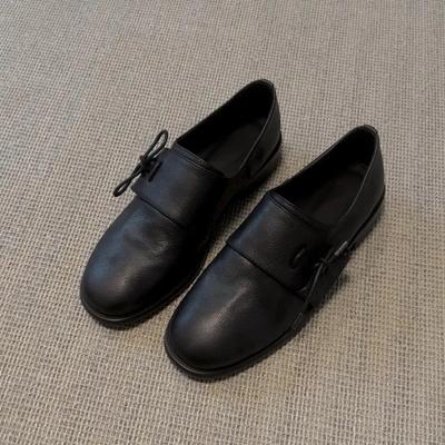 Кожаные туфли для женщин весна и осень винтажные с круглым носком на толстой подошве маленькие кожаные туфли на шнуровке с мелким вырезом лодочки