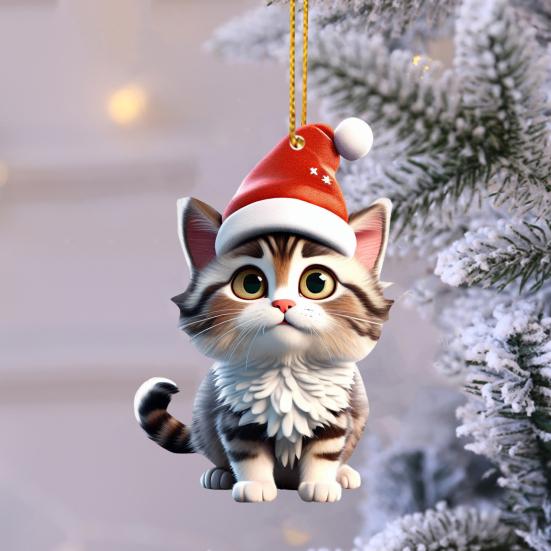 Рождественская подвеска в виде кота, акриловая шапка Санты, мультяшный кот, подвесное украшение, брелок для ключей, подвеска в виде котенка, украшение на рождественскую елку, подарок для любителей кошек
