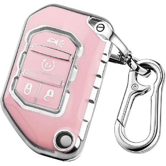 QBUC Чехол для брелока ключа Jeep с брелоком, совместимый с Jeep Wrangler JLU JL Gladiator Rubicon JT, складным ключом автомобиля (розовый)