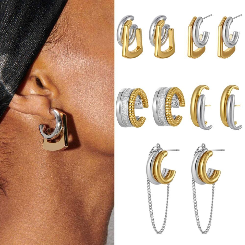 Two-tone Design Double Layer Earrings Mix Color Geometric Earrings No Piercing Earring Retro Style